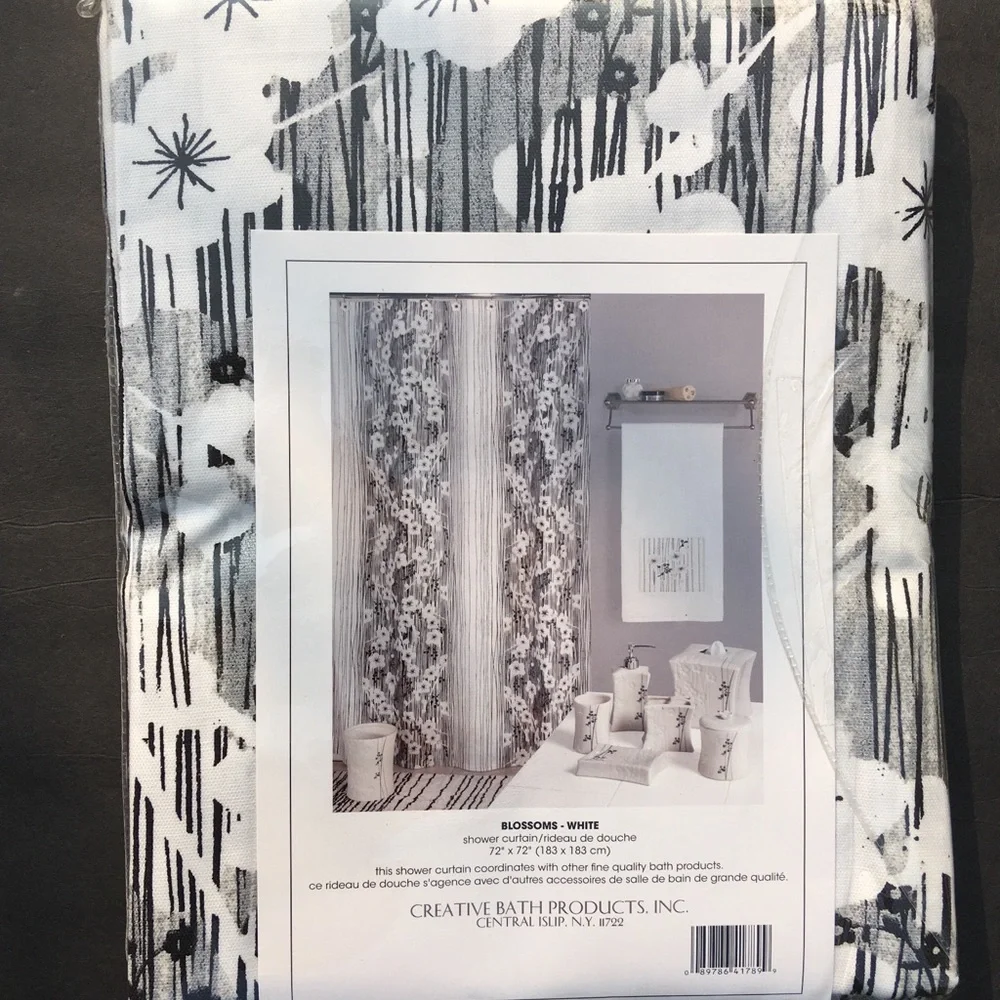 Floral Shower Curtain Black White Blossoms 72” x 72” Creative Bath Products New